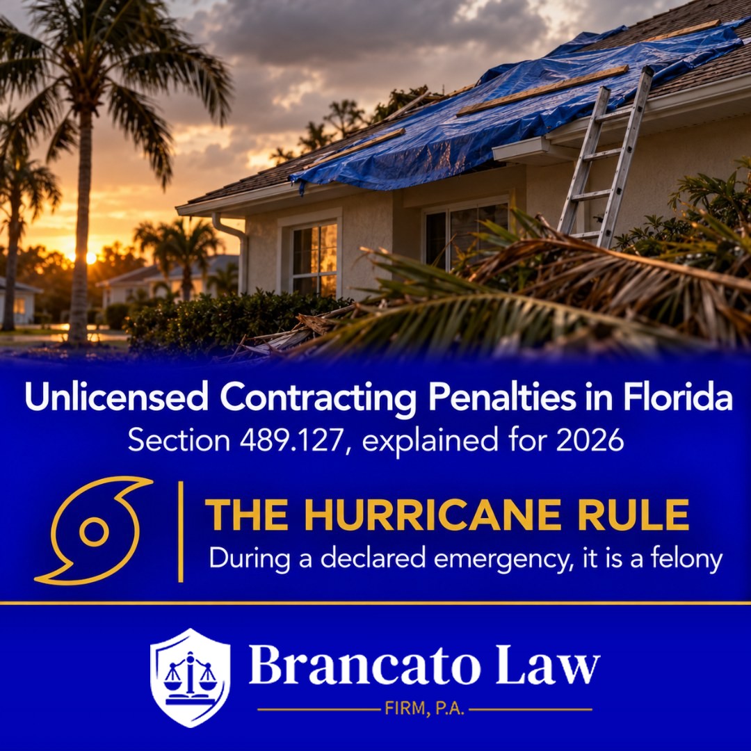 Cover graphic for The Brancato Law Firm, P.A. guide by Tampa criminal defense attorney Rocky Brancato on unlicensed contracting penalties in Florida: a storm-damaged roof under a blue tarp, with the rule that unlicensed contracting during a Governor-declared state of emergency is a third-degree felony under section 489.127.