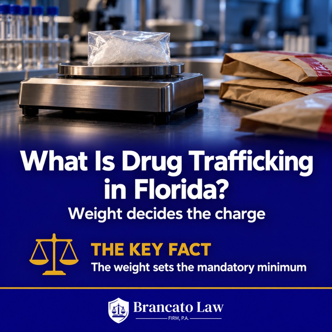 What is drug trafficking in Florida: the weight of the drug sets the charge and the mandatory minimum, explained by The Brancato Law Firm, P.A., Tampa criminal defense.