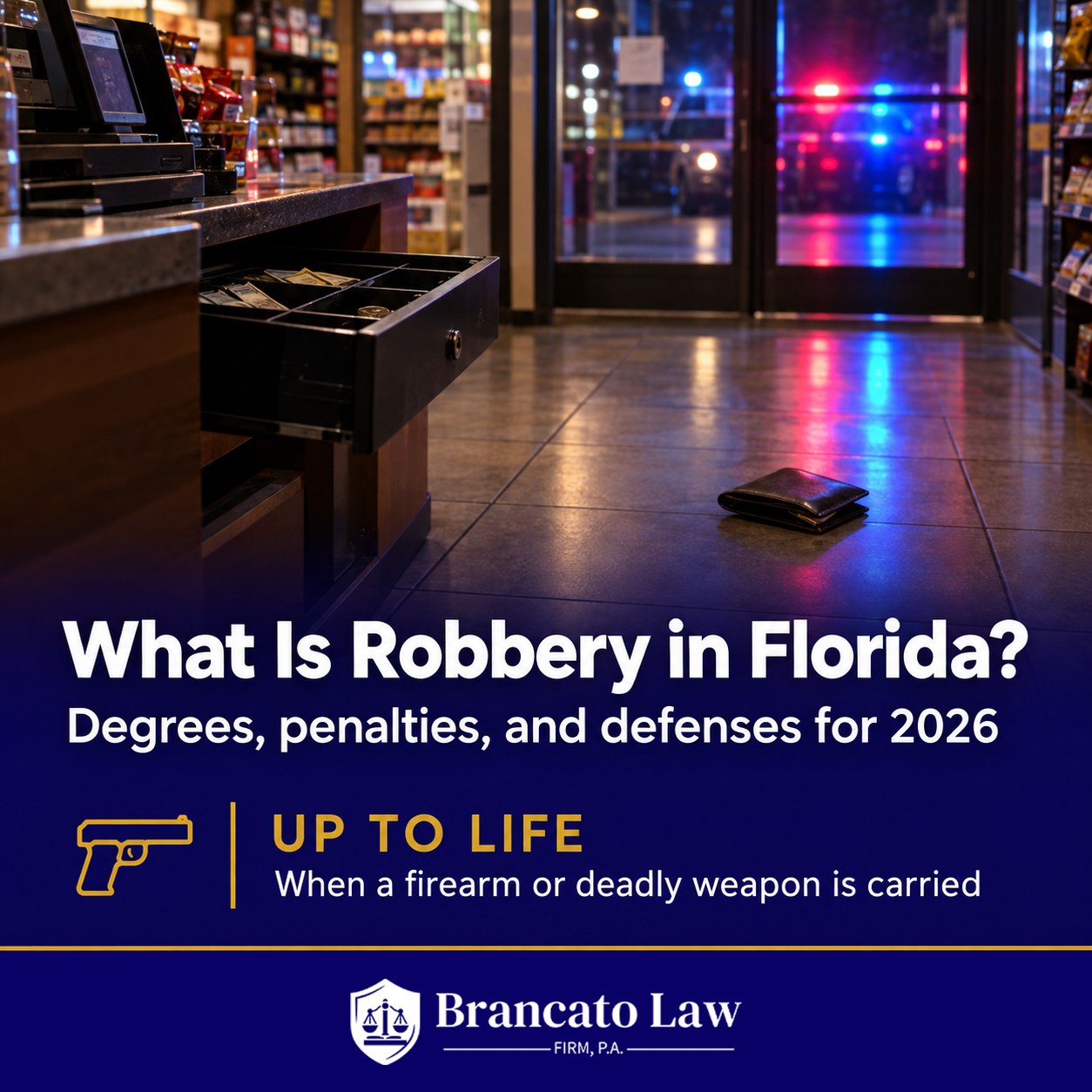 Robbery in Florida cover graphic from The Brancato Law Firm showing a store counter with an open cash drawer, explaining that robbery with a firearm or deadly weapon is a first-degree felony punishable by up to life in prison.