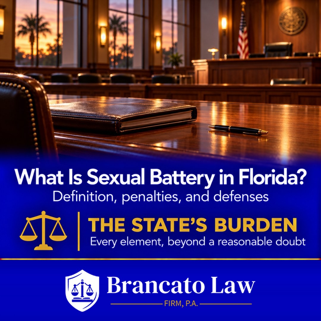 Cover graphic for The Brancato Law Firm, P.A. guide by Tampa criminal defense attorney Rocky Brancato answering what is sexual battery in Florida: an empty courtroom defense table, with the reminder that the State must prove every element of section 794.011 beyond a reasonable doubt.