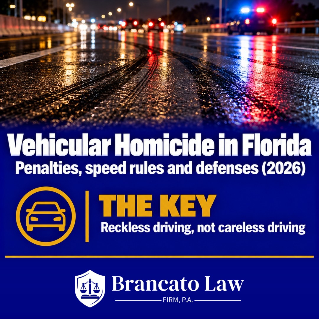 Cover graphic: what is vehicular homicide in Florida in 2026, a death caused by reckless rather than careless driving under section 782.071, with penalties, speed rules, and defenses. The Brancato Law Firm, P.A., Tampa criminal defense.
