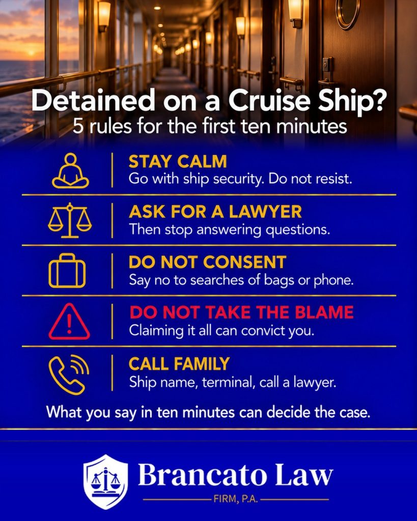 What to do if you are arrested on a cruise ship in Tampa: stay calm, ask for a lawyer, do not consent to searches, do not take the blame, and have family call a defense attorney. The Brancato Law Firm, P.A.