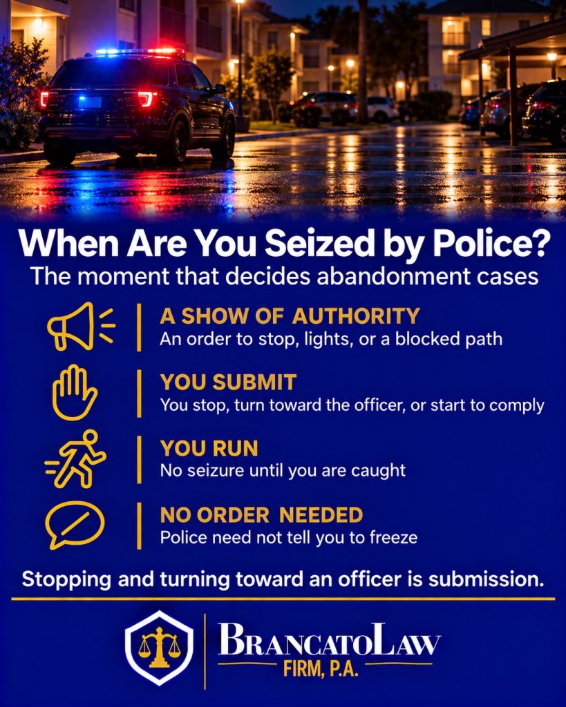When are you seized by police in Florida: submitting to a show of authority, such as stopping or turning toward an officer, is a seizure for abandonment purposes, The Brancato Law Firm, P.A.