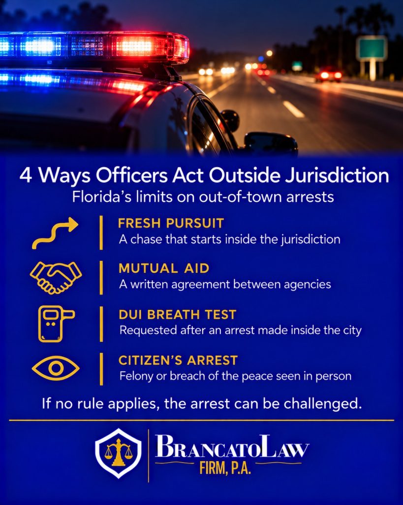 When a Florida officer can arrest outside their jurisdiction: fresh pursuit, mutual aid agreement, DUI breath test after an in-city arrest, and citizen's arrest, explained by The Brancato Law Firm, P.A.