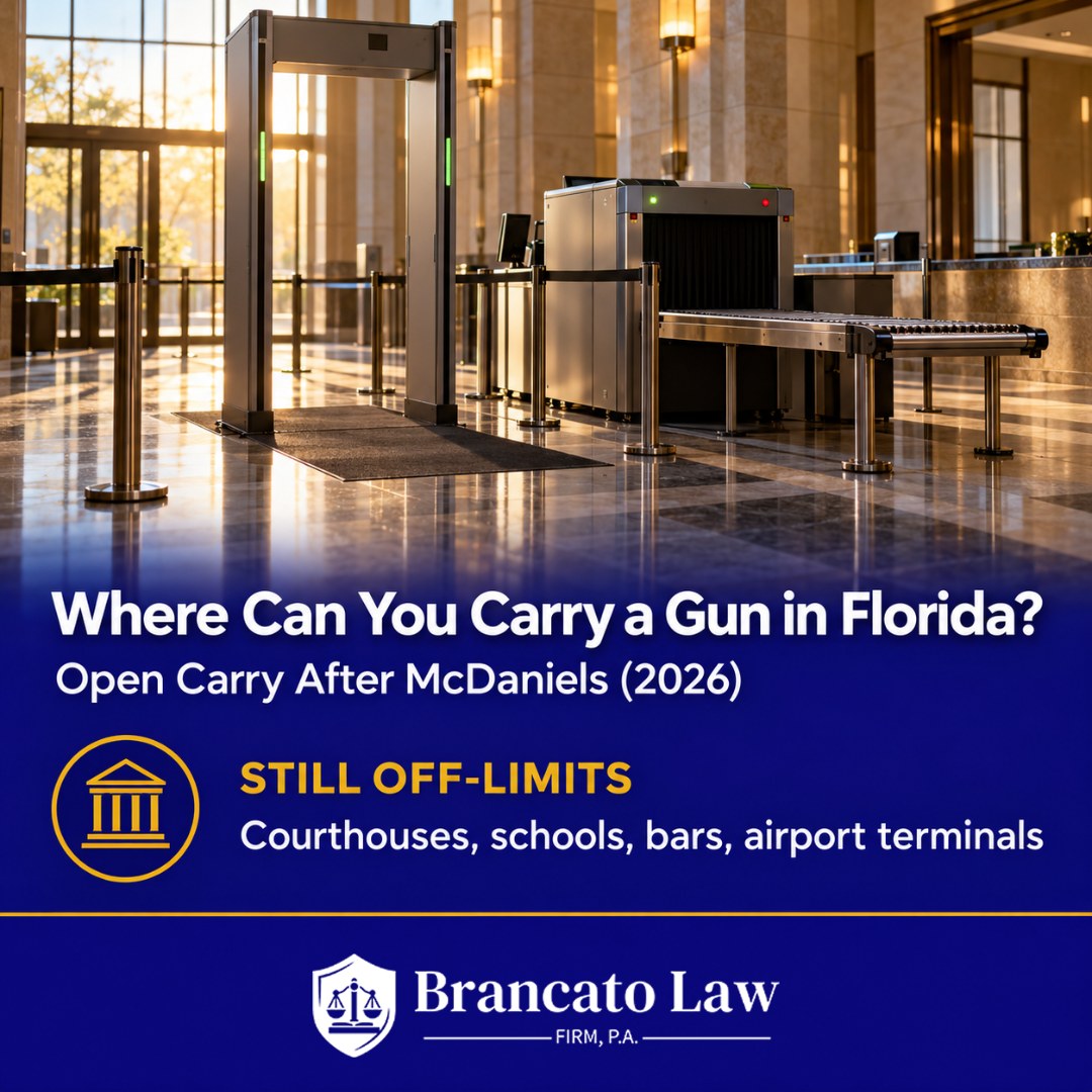 Cover graphic for The Brancato Law Firm guide to Florida open carry after McDaniels, noting courthouses, schools, bars, and airport terminals remain off-limits