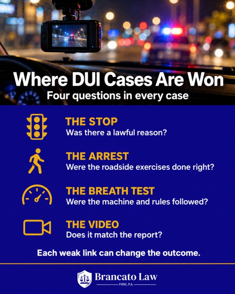 Where DUI cases are won in Florida: a lawful stop, probable cause for the arrest, a breath test that follows FDLE rules, and video that matches the report, from The Brancato Law Firm, P.A.