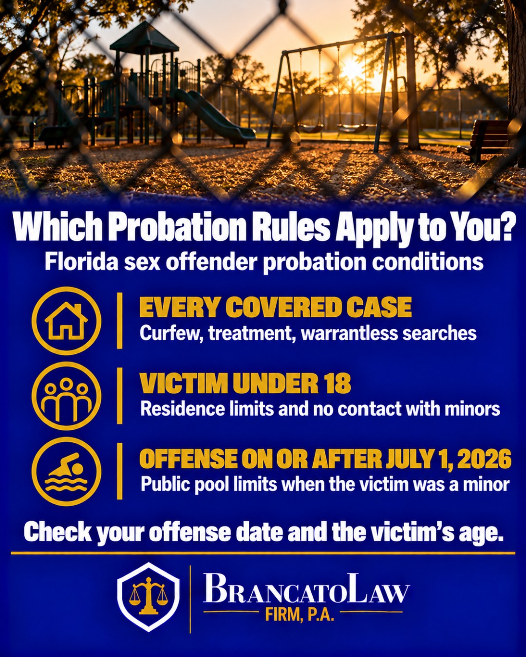 Infographic of which Florida sex offender probation conditions apply: curfew, treatment, and warrantless searches in every covered case; residence limits and no contact with minors when the victim was under 18; and new public swimming pool limits for offenses on or after July 1, 2026, with a minor victim. The Brancato Law Firm, P.A.