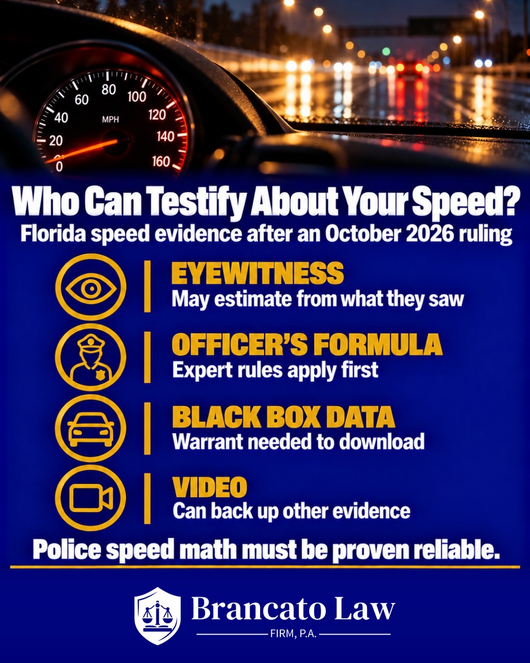 Infographic of speed evidence in Florida vehicular homicide cases: an eyewitness may estimate speed from observation, an officer's formula-based calculation is expert testimony that must be screened under section 90.702 (Faustin v. State, 2026), black box data generally needs a warrant to download (State v. Worsham), and video can corroborate. The Brancato Law Firm, P.A.