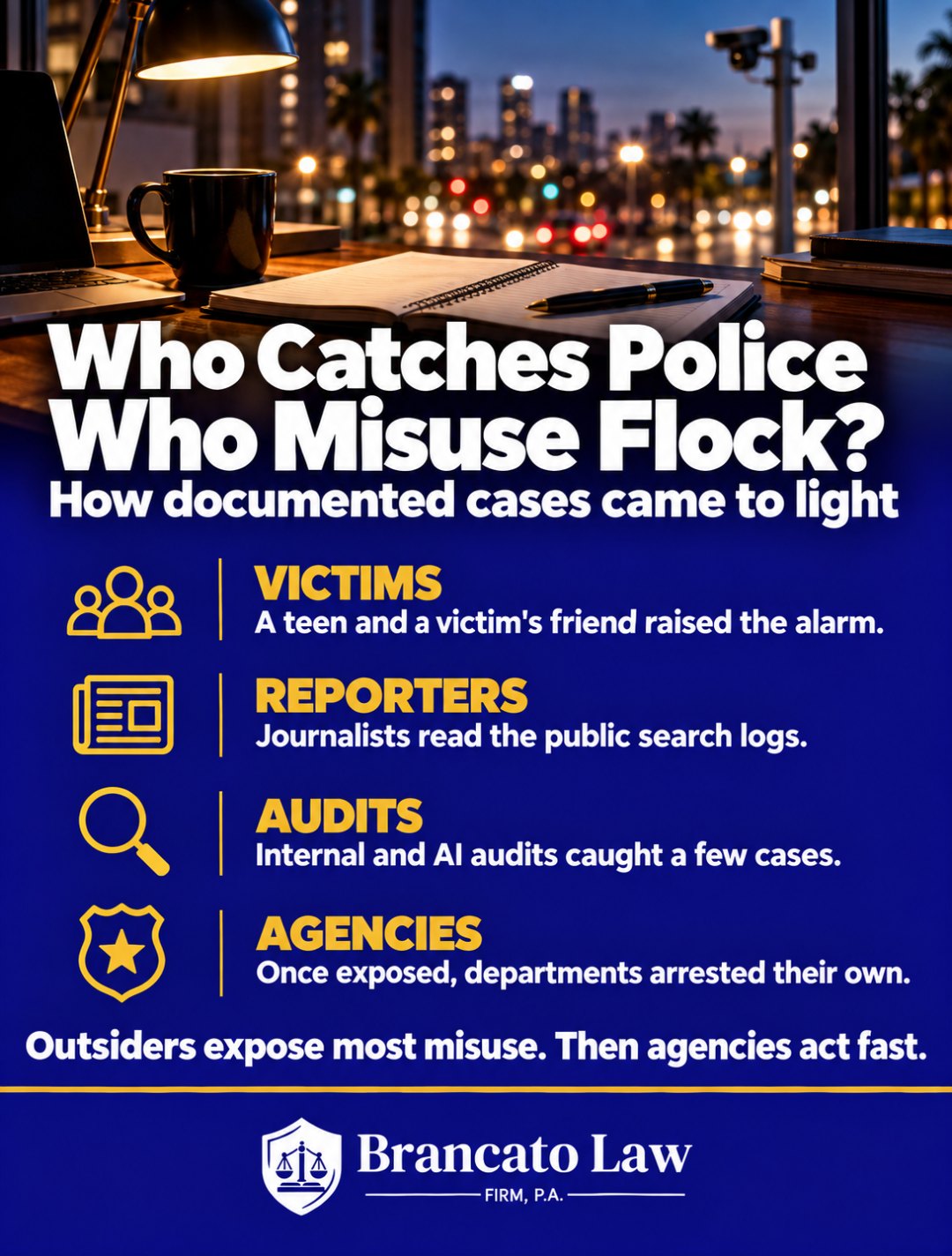 Infographic showing how police Flock camera misuse cases came to light through victims, reporters, and audits, followed by agency arrests, by The Brancato Law Firm, P.A.