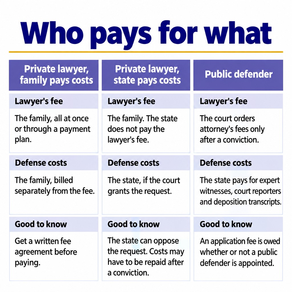 Table of who pays the lawyer's fee and defense costs with a private lawyer, with state-paid costs, or with a public defender.