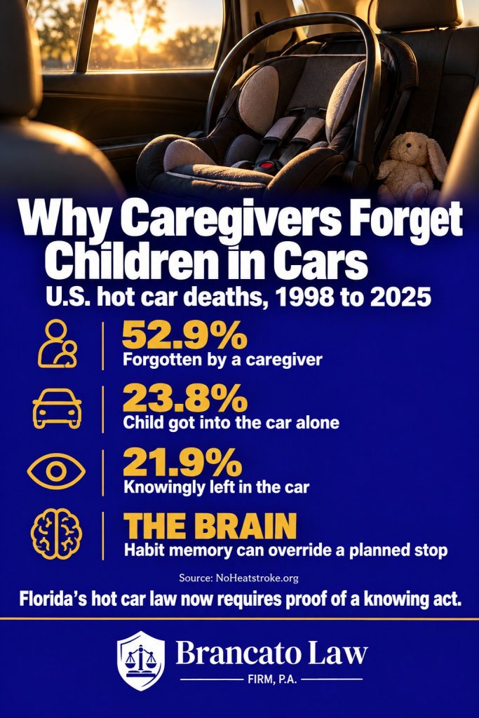 Chart from The Brancato Law Firm, P.A. showing U.S. child hot car deaths from 1998 to 2025: 52.9 percent forgotten by a caregiver, 23.8 percent got into the car alone, 21.9 percent knowingly left, per NoHeatstroke.org.