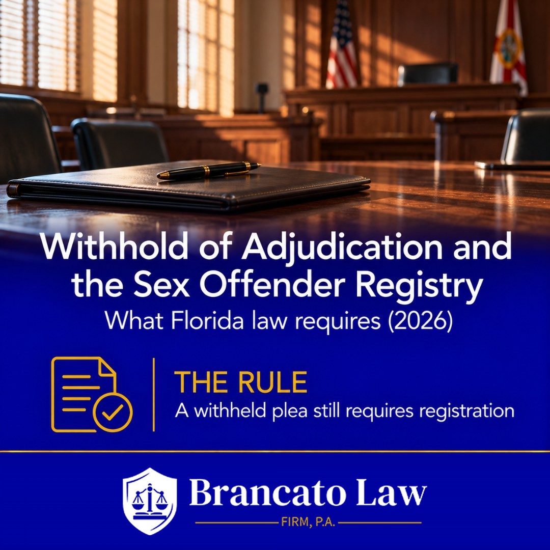 Cover graphic explaining that a withhold of adjudication on a qualifying sex offense still requires sex offender registration in Florida, by The Brancato Law Firm, P.A.