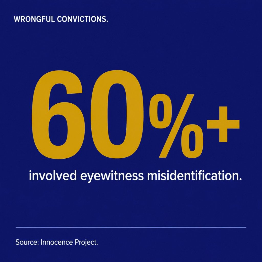 Stat card showing over 60 percent of Innocence Project wrongful convictions involved eyewitness misidentification